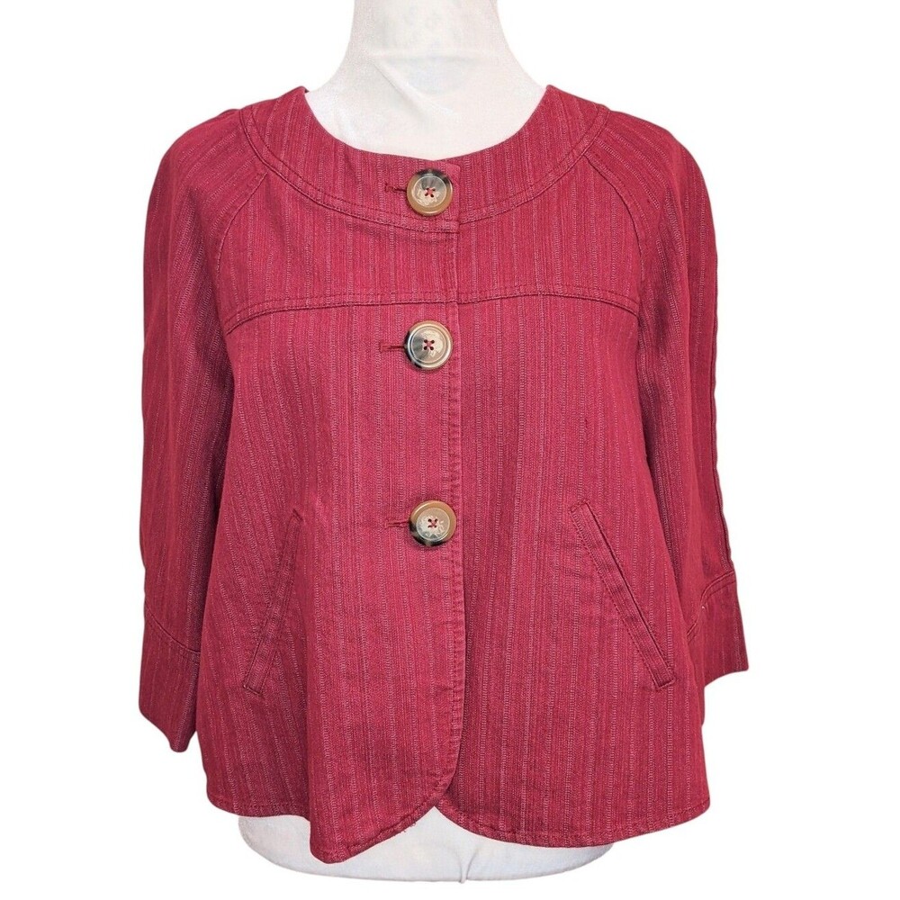 Denim Jacket Red Button-Front Women's Short 3/4 Sleeve